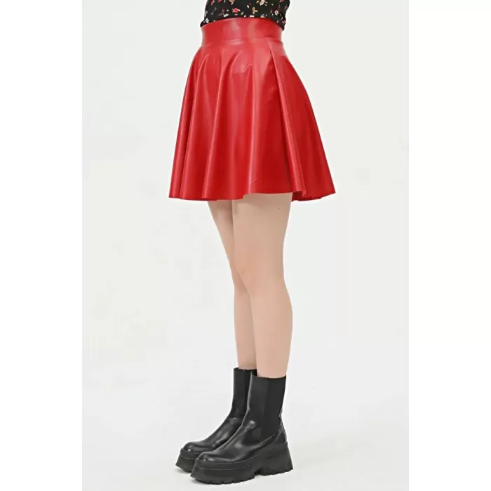 Kadın Mini Kloş Kırmızı Renkli Suni Deri Etek