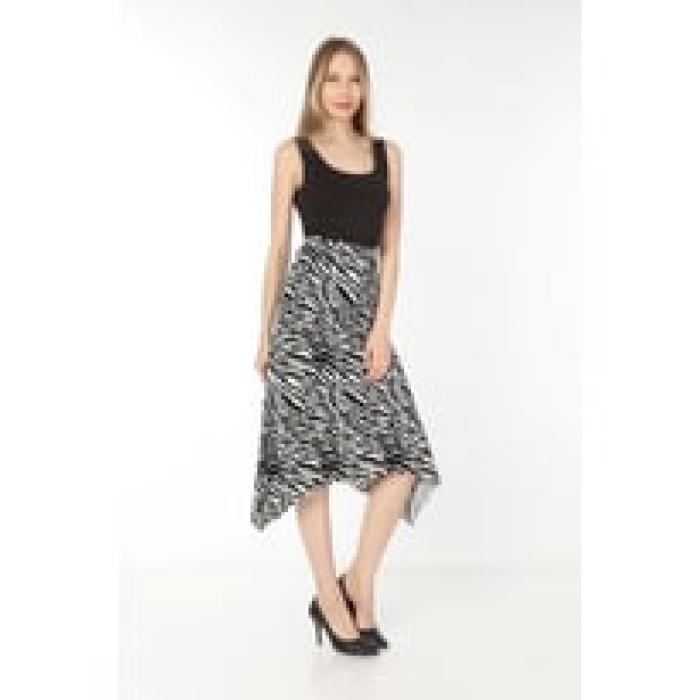 Kadın Belden Oturmalı Çizgili Krep Etek