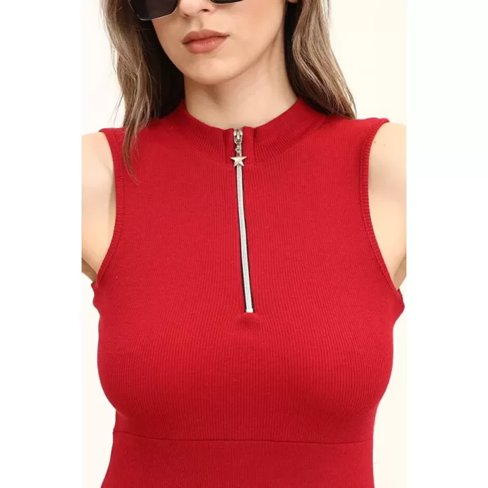 Kadın Bordo Renkli Kolsuz Yaka Fermuarlı Örme Elbise