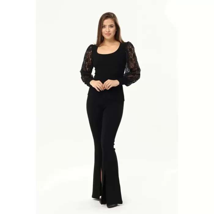 Kadın Siyah Kollar Dantel U Yaka Bluz