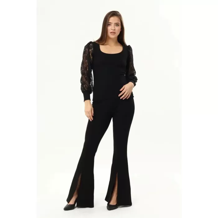 Kadın Siyah Kollar Dantel U Yaka Bluz