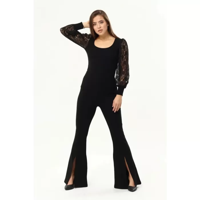 Kadın Siyah Kollar Dantel U Yaka Bluz