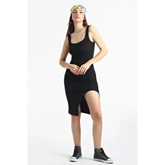 Kadın Siyah  Kare Yaka Yırtmaçlı Kaşkorse Elbise