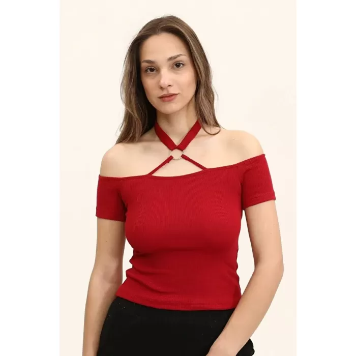 Kadın Bordo Renkli Ön Ve Arka Madonna Yaka Boyun Halkalı Örme Bluz