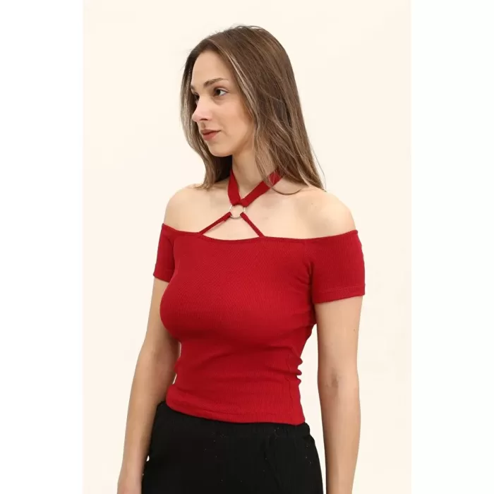 Kadın Bordo Renkli Ön Ve Arka Madonna Yaka Boyun Halkalı Örme Bluz