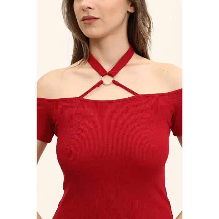 Kadın Bordo Renkli Ön Ve Arka Madonna Yaka Boyun Halkalı Örme Bluz