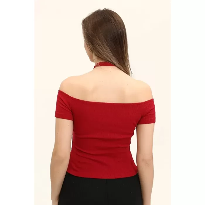 Kadın Bordo Renkli Ön Ve Arka Madonna Yaka Boyun Halkalı Örme Bluz