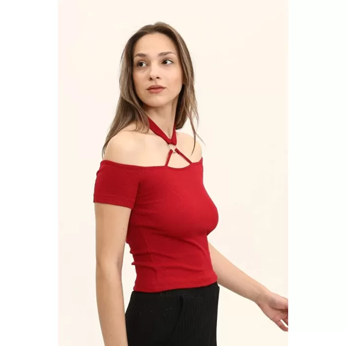 Kadın Bordo Renkli Ön Ve Arka Madonna Yaka Boyun Halkalı Örme Bluz