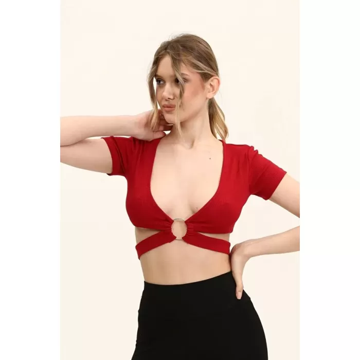 Kadın Bordo Renkli Ön Halka Ve Şeritli Crop Top