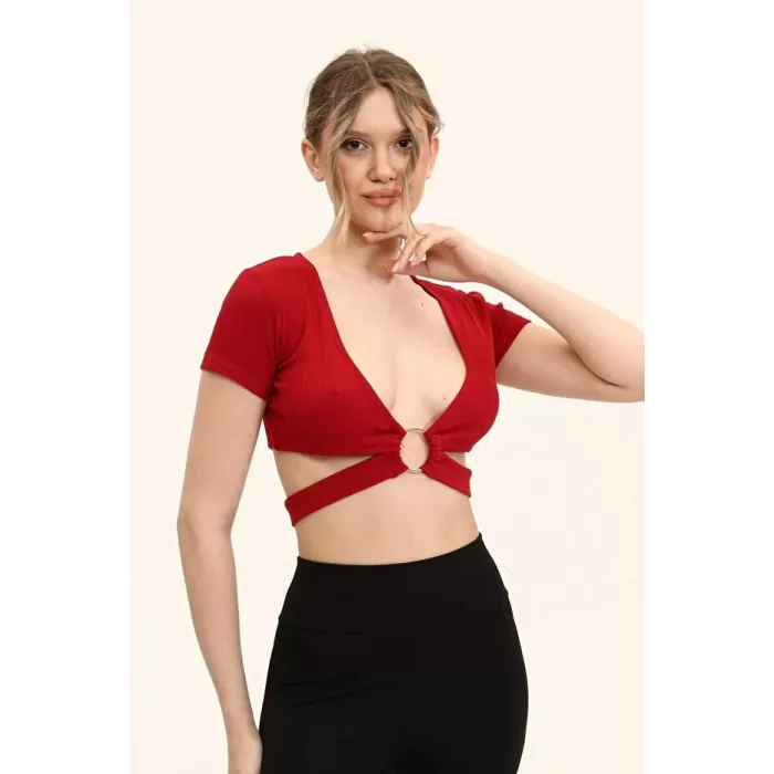 Kadın Bordo Renkli Ön Halka Ve Şeritli Crop Top