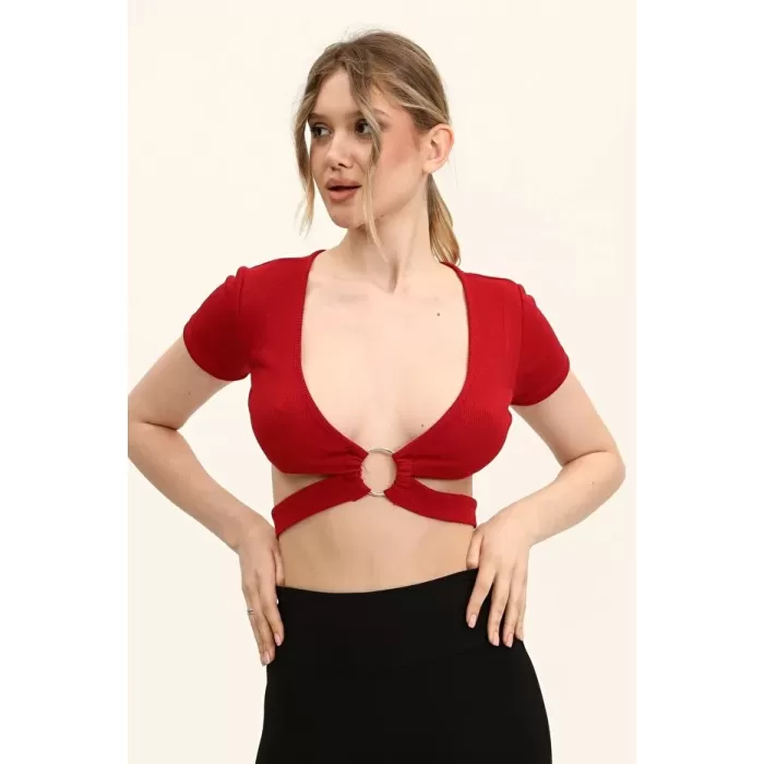 Kadın Bordo Renkli Ön Halka Ve Şeritli Crop Top