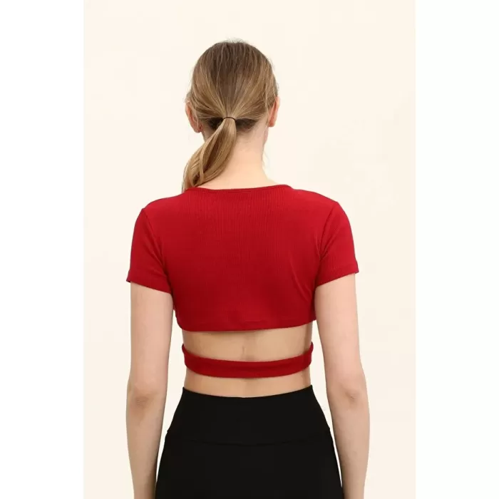 Kadın Bordo Renkli Ön Halka Ve Şeritli Crop Top