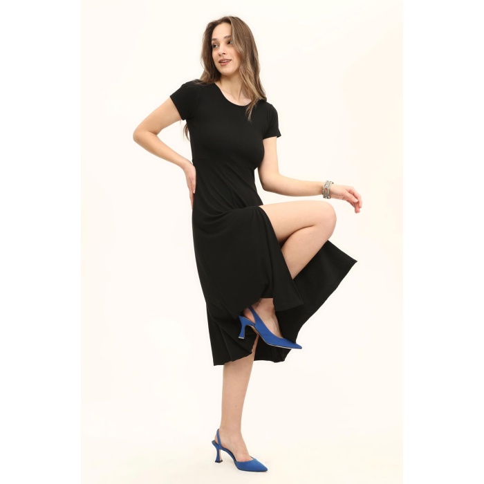 Kadın Renkli Belden Oturma Eteği Yırtmaçlı Salaş Elbise