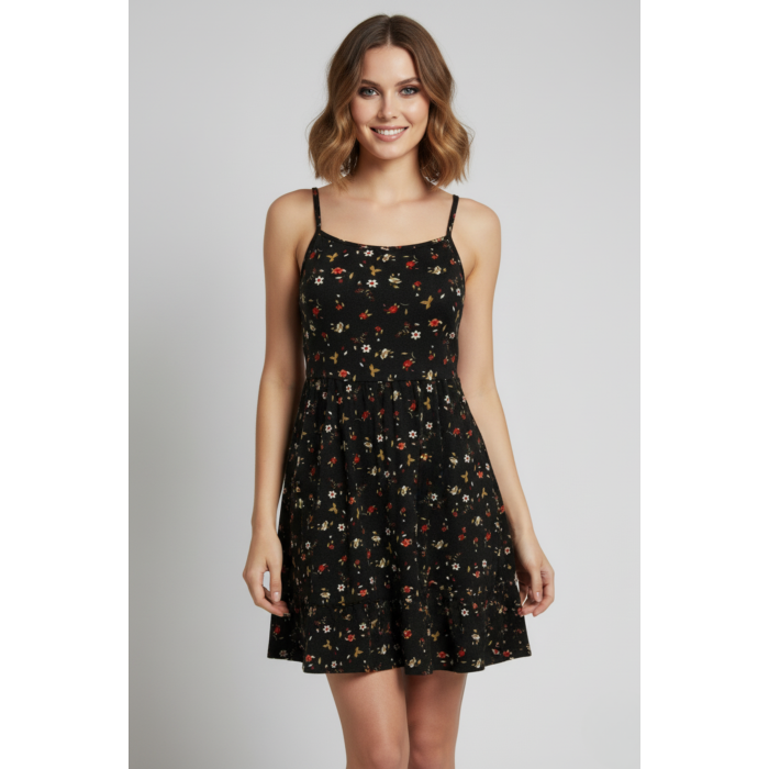 İp Askılı Çiçek Desenli Siyah Krep Mini Elbise