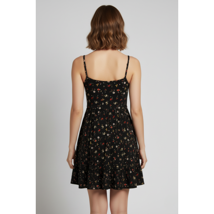İp Askılı Çiçek Desenli Siyah Krep Mini Elbise