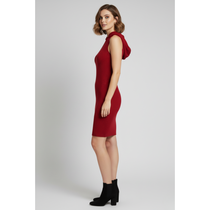 Kapüşonlu Kaşkorse Sıfır Kol Kırmızı Mini Elbise