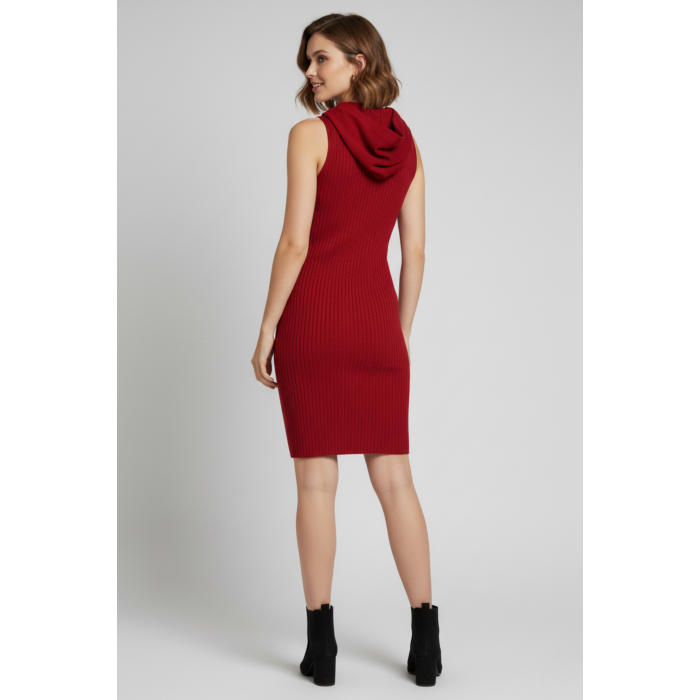 Kapüşonlu Kaşkorse Sıfır Kol Kırmızı Mini Elbise