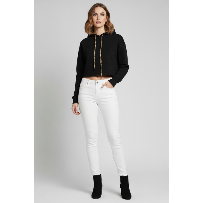 Kadın Siyah Kapüşon İçi Desenli Astar Etek Ucu Yırtmaçlı Crop