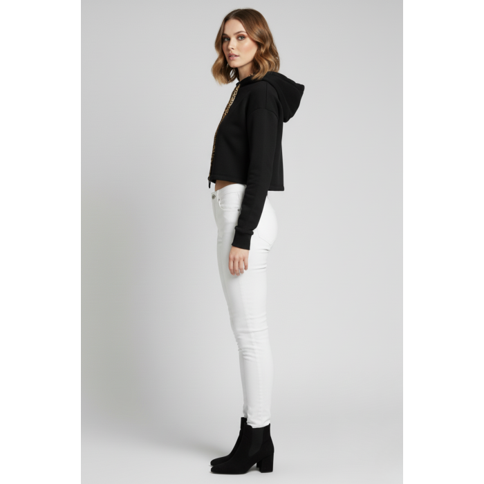 Kadın Siyah Kapüşon İçi Desenli Astar Etek Ucu Yırtmaçlı Crop