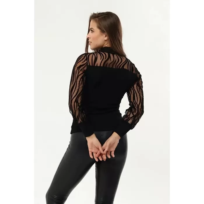 Kadın Kollar Flog Baskılı Tül Detaylı Bluz