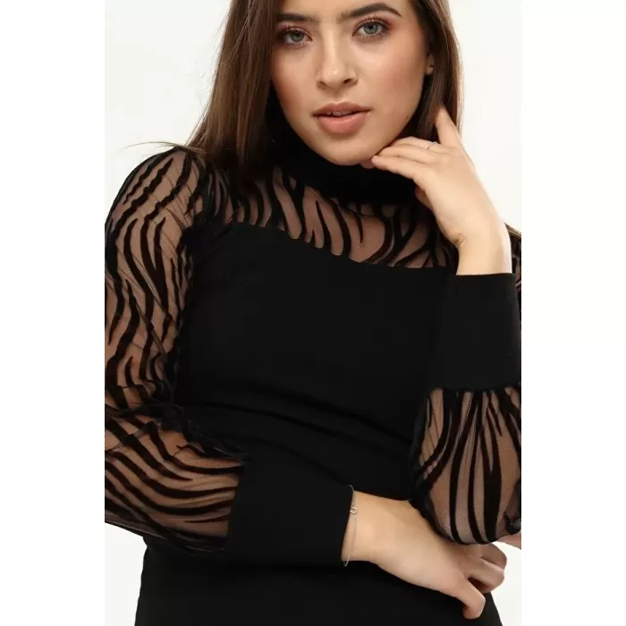 Kadın Kollar Flog Baskılı Tül Detaylı Bluz