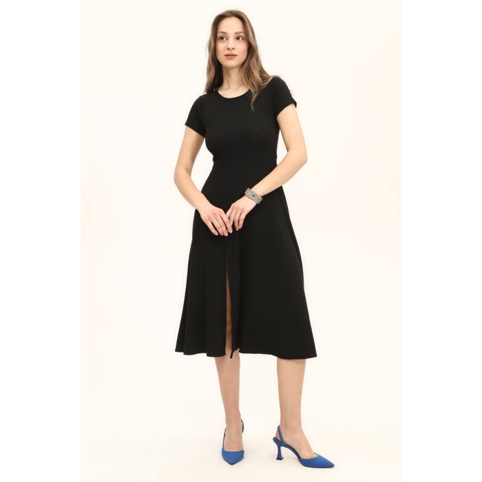 Kadın Renkli Belden Oturma Eteği Yırtmaçlı Salaş Elbise