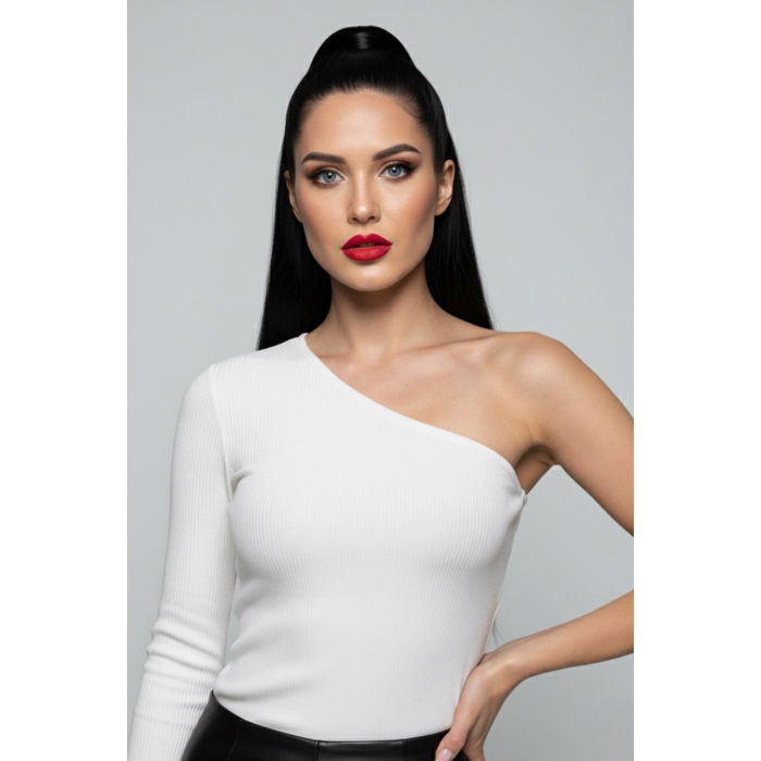 Beyaz Tek Omuz Uzun Kollu Kaşkorse Kadın Bluz