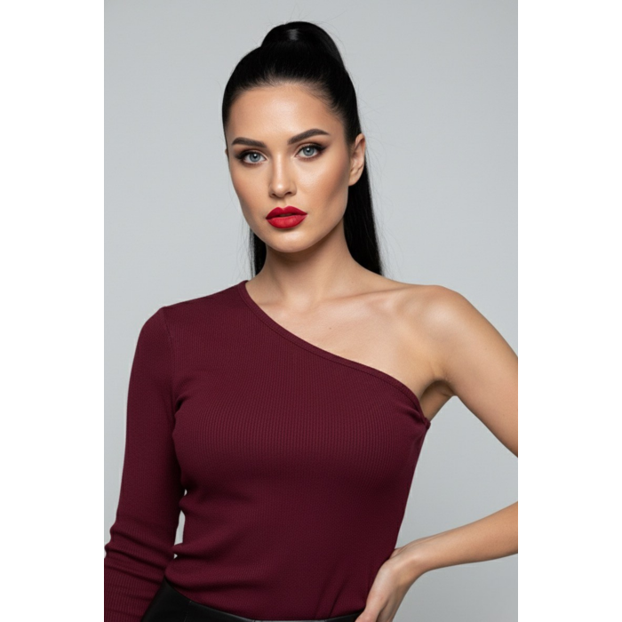 Bordo Tek Omuz Uzun Kollu Kaşkorse Kadın Bluz