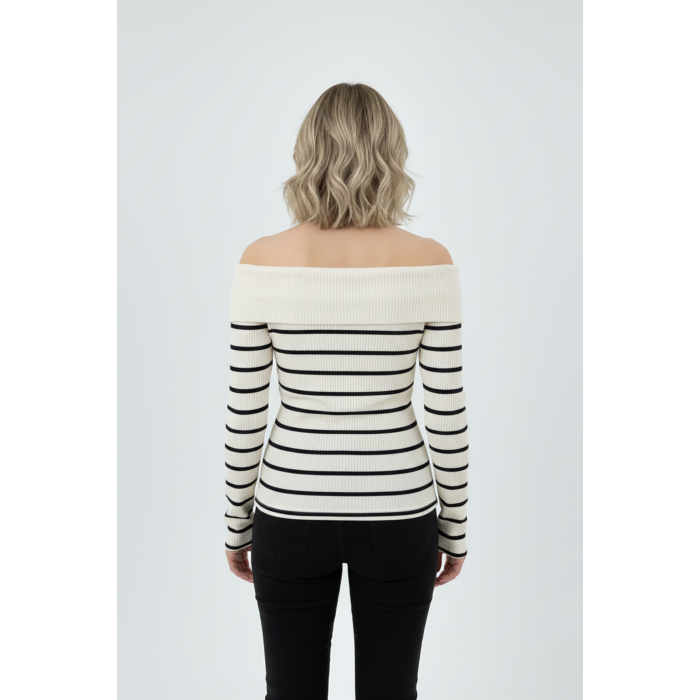 Kadın Çizgili Madonna Yaka Kaşkorse Beyaz Kazak