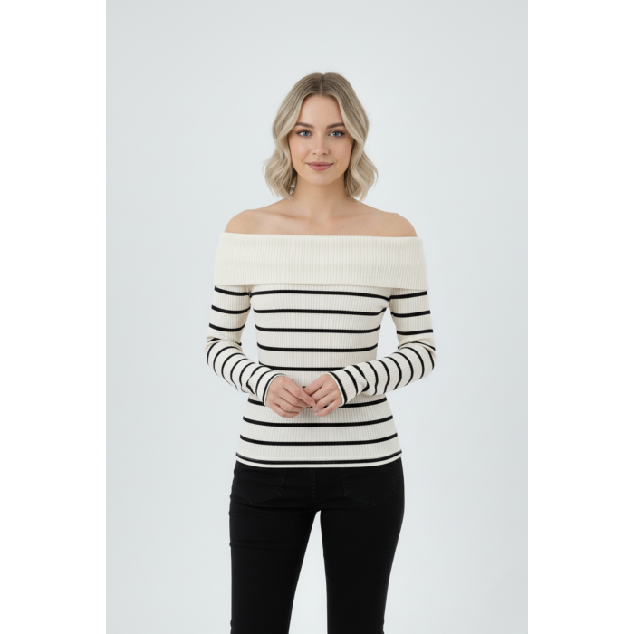 Kadın Çizgili Madonna Yaka Kaşkorse Beyaz Kazak
