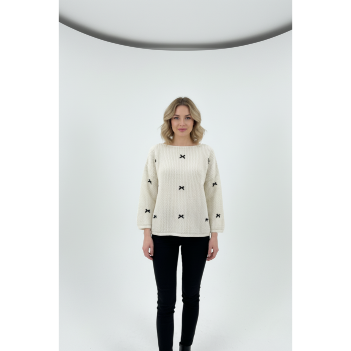 Kadın Kurdeleli Ajurlu Triko Beyaz Kazak
