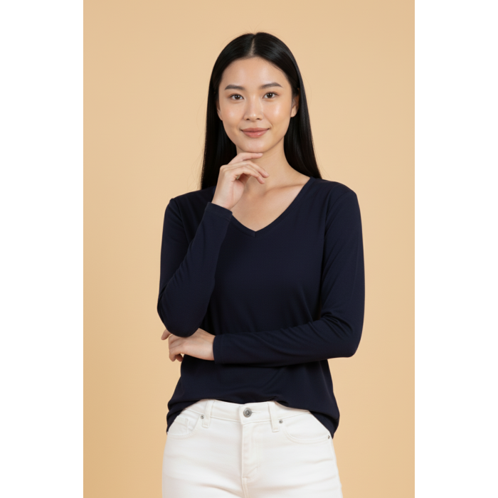 Kadın V Yaka Lacivert Viskon Bluz