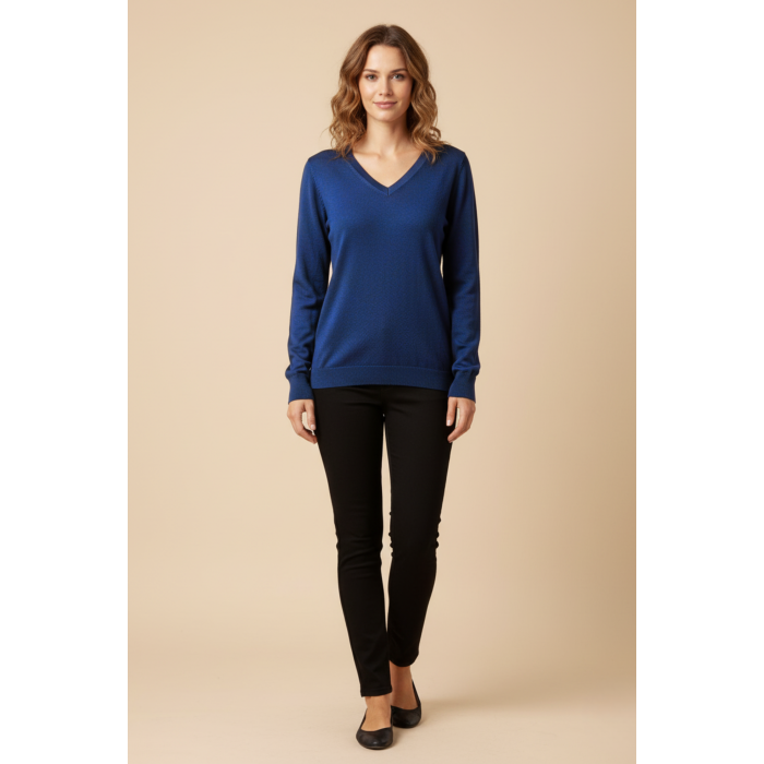 Kadın V Yaka Mavi Triko Kazak