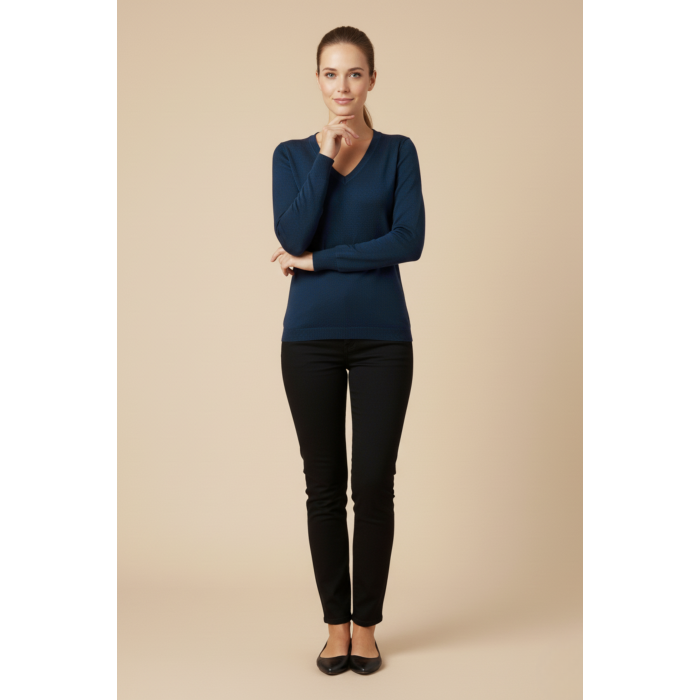 Kadın V Yaka Mavi Triko Kazak