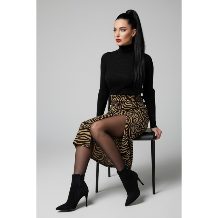 Kadın Yırtmaçlı Kahverengi Zebra Desen Midi Boy Etek