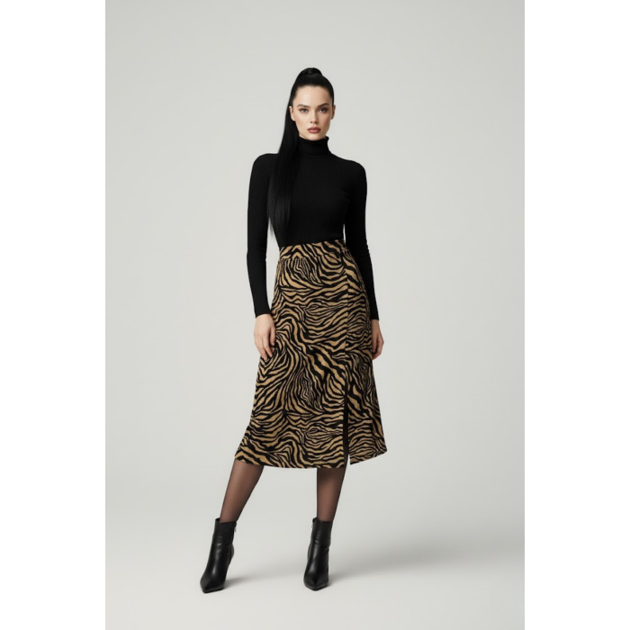 Kadın Yırtmaçlı Kahverengi Zebra Desen Midi Boy Etek