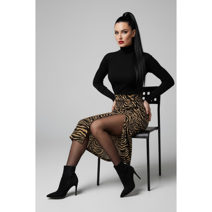 Kadın Yırtmaçlı Kahverengi Zebra Desen Midi Boy Etek