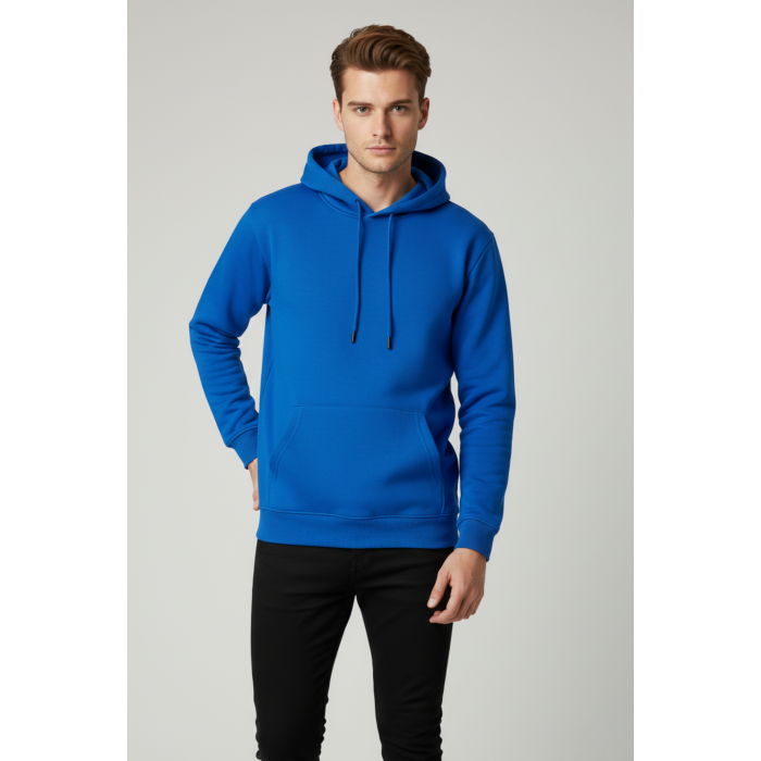 Erkek Üç İplik Kalın Mavi Kapüşonlu Sweatshirt