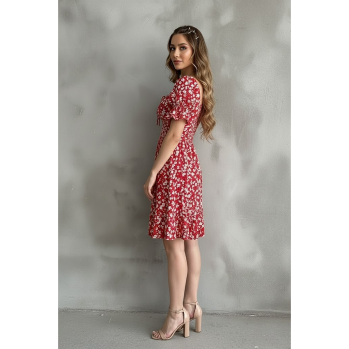Kayık Yaka Gipeli Bürümcük Mini Elbise – Kırmızı