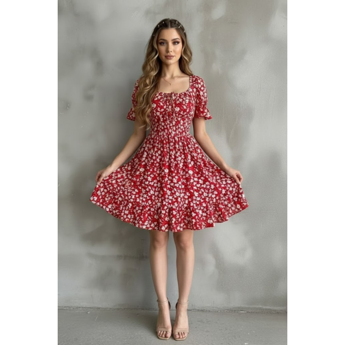 Kayık Yaka Gipeli Bürümcük Mini Elbise – Kırmızı