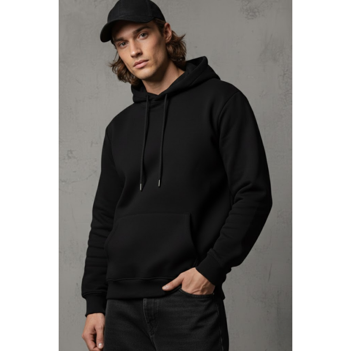 Unisex Kışlık Siyah Üç İplik Şardonlu Pamuklu Kalın Basic Kapüşonlu Hoodie Sweatshirt