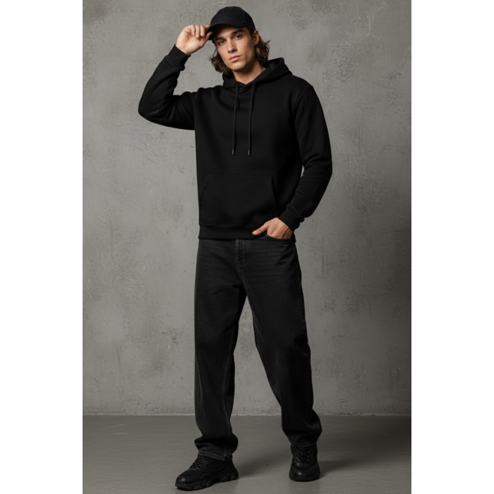 Unisex Kışlık Siyah Üç İplik Şardonlu Pamuklu Kalın Basic Kapüşonlu Hoodie Sweatshirt