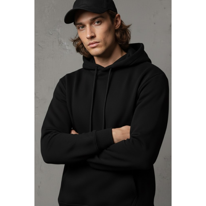 Unisex Kışlık Siyah Üç İplik Şardonlu Pamuklu Kalın Basic Kapüşonlu Hoodie Sweatshirt