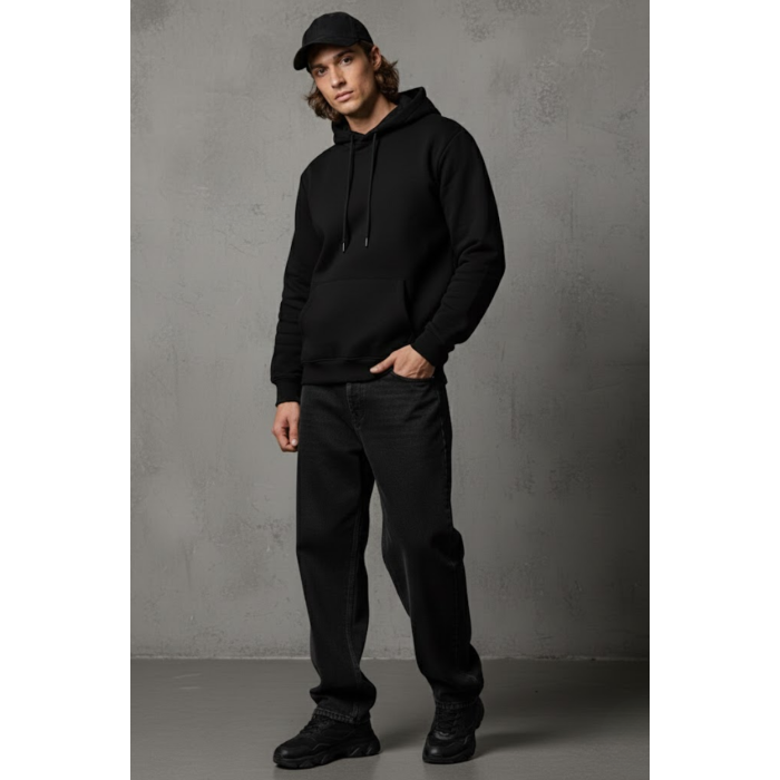 Unisex Kışlık Siyah Üç İplik Şardonlu Pamuklu Kalın Basic Kapüşonlu Hoodie Sweatshirt