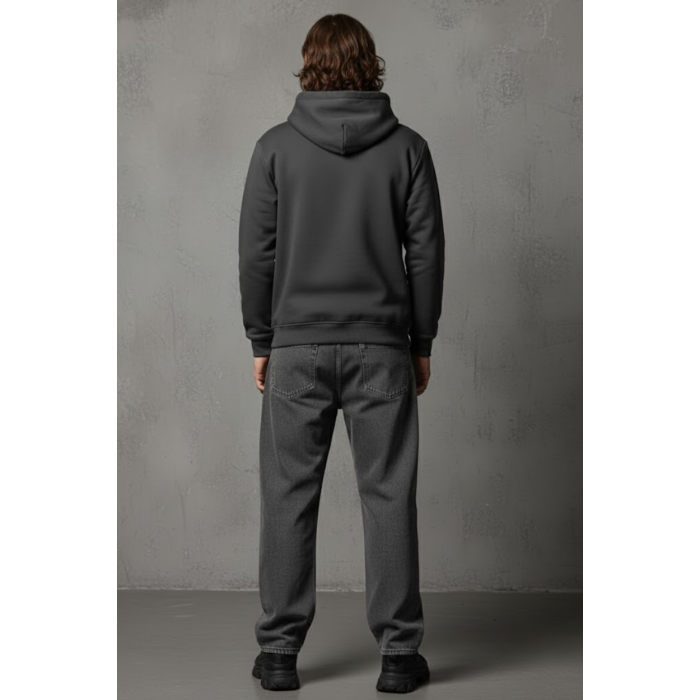 Unisex Kışlık Antrasit Gri Üç İplik Şardonlu Pamuklu Kalın Basic Kapüşonlu Hoodie Sweatshirt