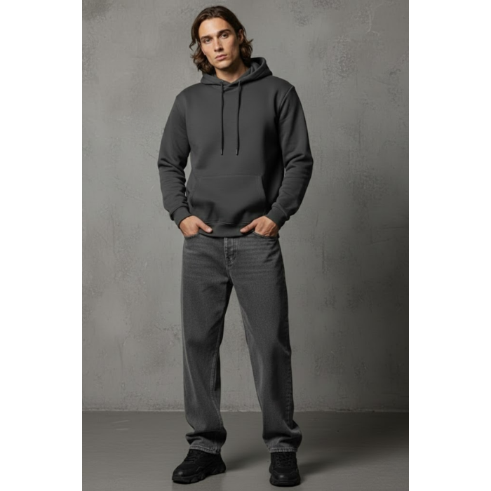 Unisex Kışlık Antrasit Gri Üç İplik Şardonlu Pamuklu Kalın Basic Kapüşonlu Hoodie Sweatshirt