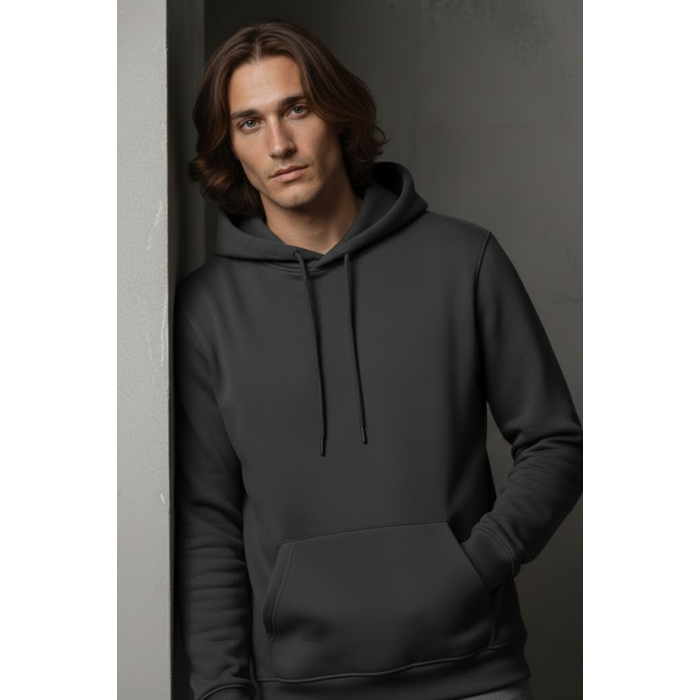 Unisex Kışlık Antrasit Gri Üç İplik Şardonlu Pamuklu Kalın Basic Kapüşonlu Hoodie Sweatshirt