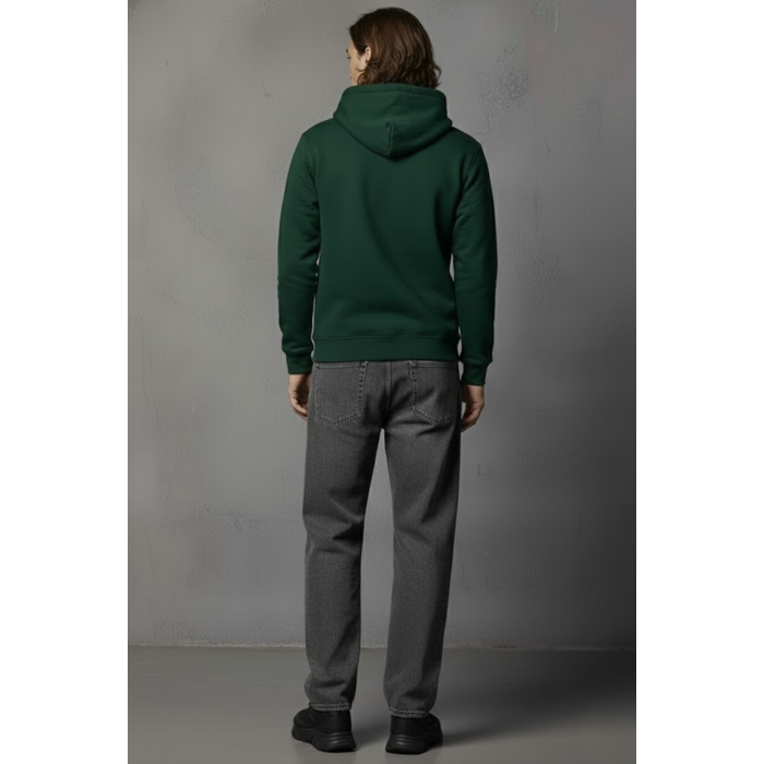 Unisex Kışlık Koyu Yeşil Üç İplik Şardonlu Pamuklu Kalın Basic Kapüşonlu Hoodie Sweatshirt