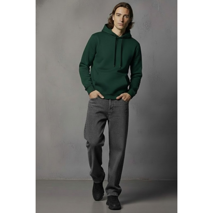 Unisex Kışlık Koyu Yeşil Üç İplik Şardonlu Pamuklu Kalın Basic Kapüşonlu Hoodie Sweatshirt