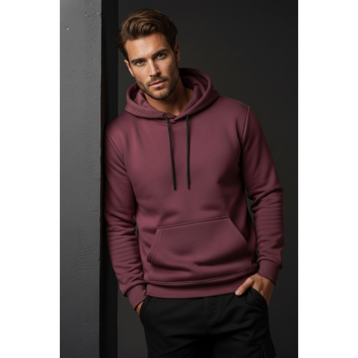 Unisex Kışlık Mürdüm Rengi Üç İplik Şardonlu Pamuklu Kalın Kapüşonlu Hoodie Sweatshirt